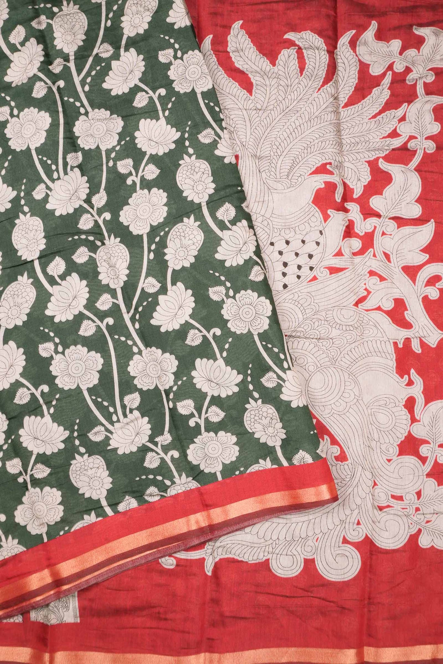 Green Cotton Kalamkari Lotus Printed Saree
