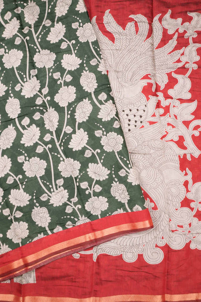 Green Cotton Kalamkari Lotus Printed Saree