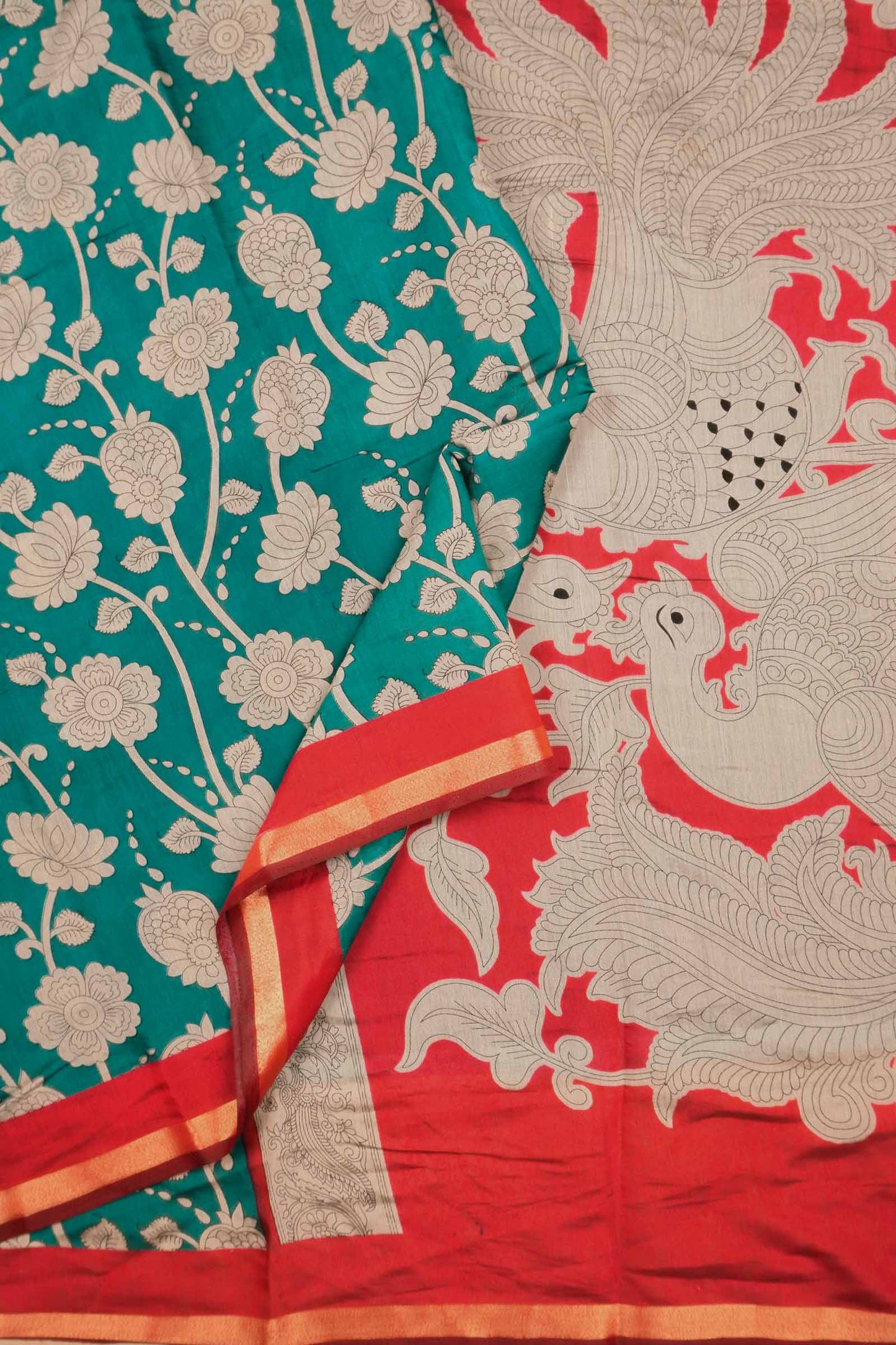 Peacock Blue Cotton Kalamkari Lotus Printed Saree