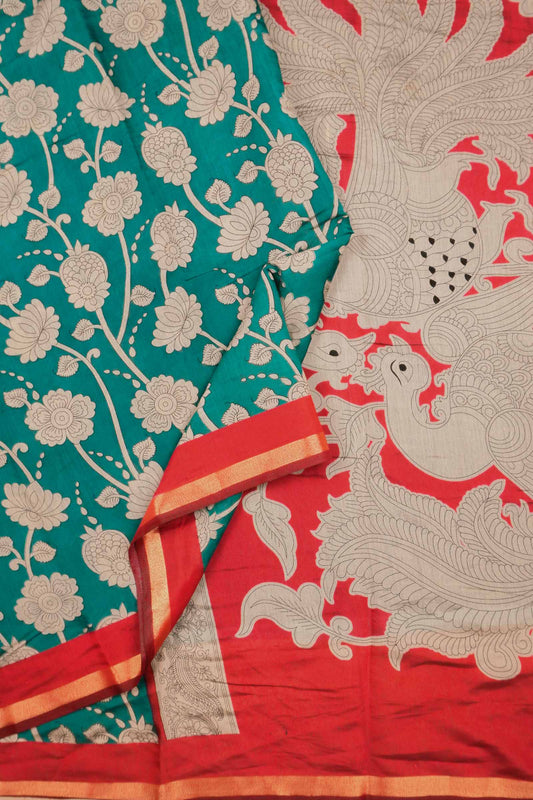 Peacock Blue Cotton Kalamkari Lotus Printed Saree