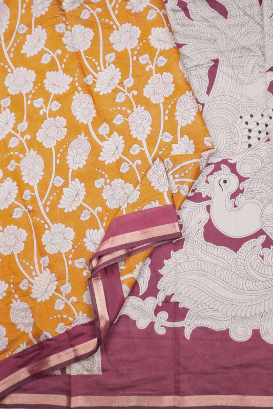 Mustard Yellow Cotton Kalamkari Lotus Printed Saree