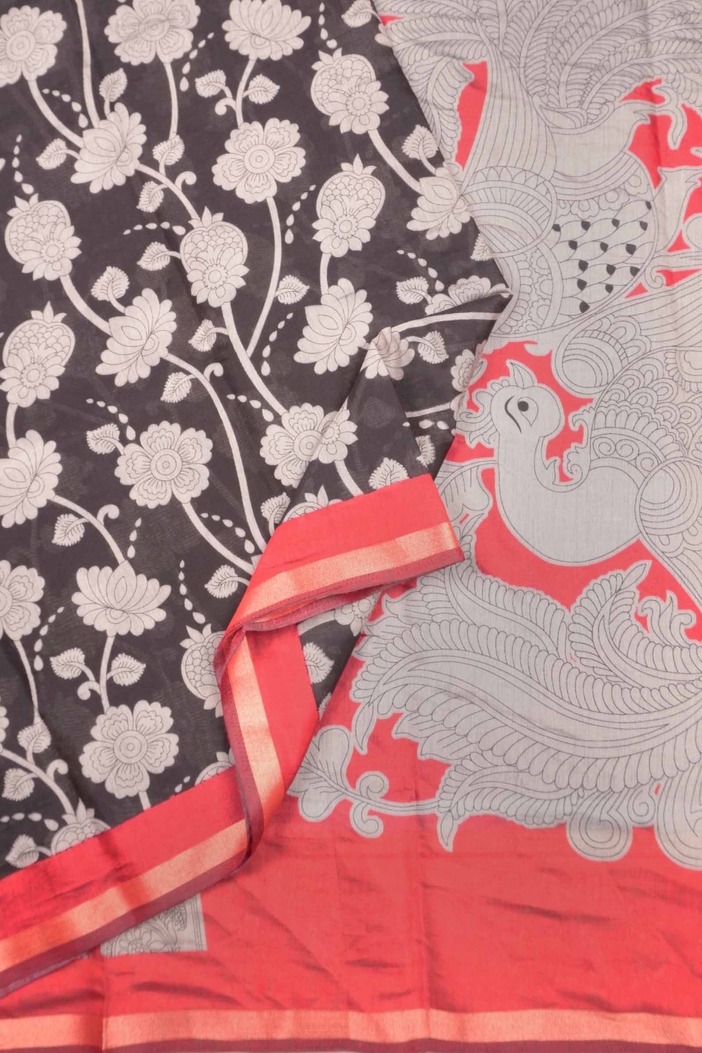 Black Cotton Kalamkari Lotus Printed Saree