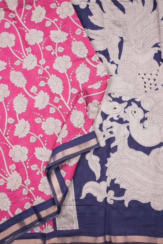 Pink Cotton Kalamkari Lotus Printed Saree