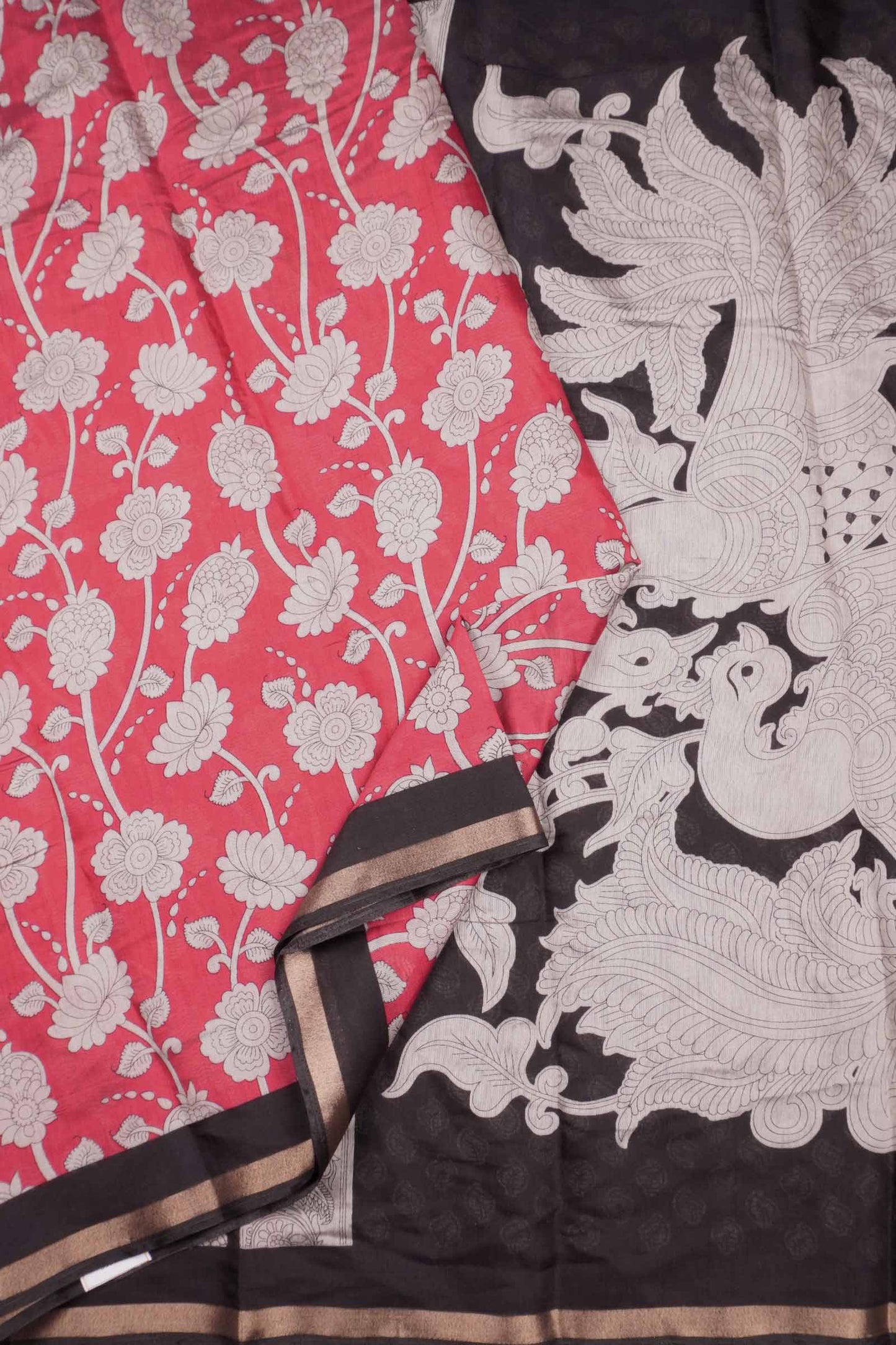 Red Cotton Kalamkari Lotus Printed Saree