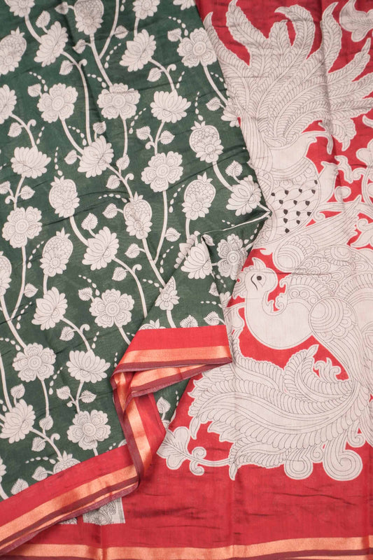 Green Cotton Kalamkari Lotus Printed Saree