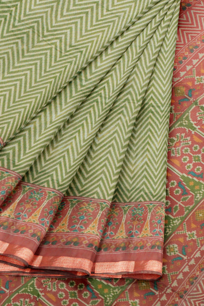 Olive Green Fancy Zig Zag Printed Cotton Ajrakh Style Pallu Saree
