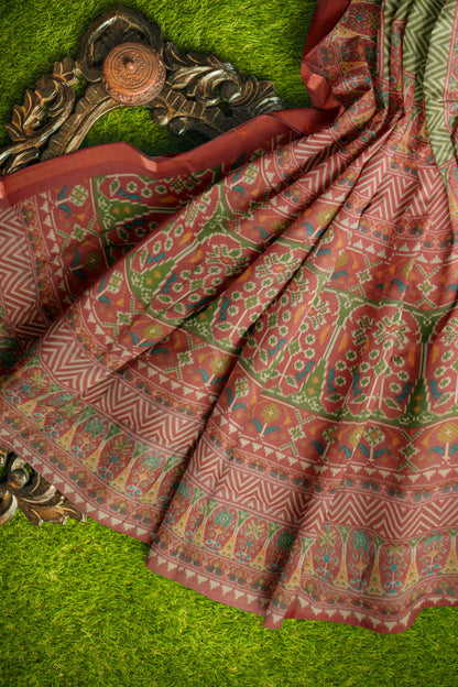 Olive Green Fancy Zig Zag Printed Cotton Ajrakh Style Pallu Saree