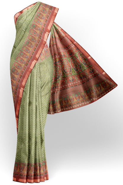 Olive Green Fancy Zig Zag Printed Cotton Ajrakh Style Pallu Saree