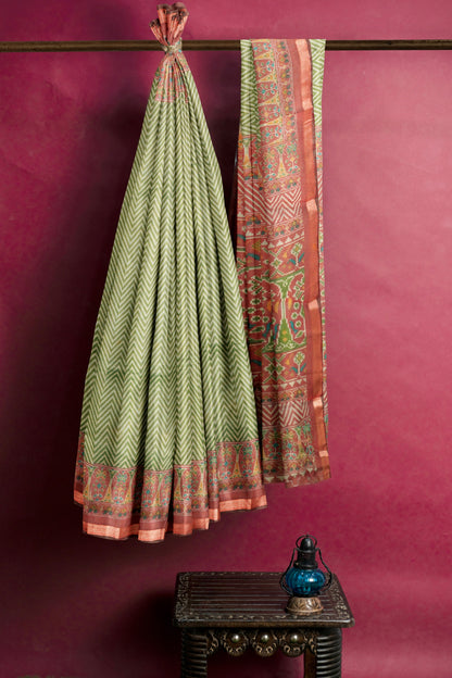 Olive Green Fancy Zig Zag Printed Cotton Ajrakh Style Pallu Saree