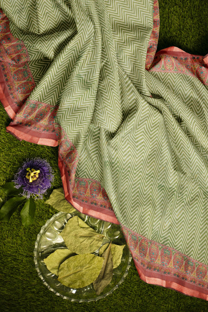 Olive Green Fancy Zig Zag Printed Cotton Ajrakh Style Pallu Saree