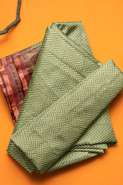Olive Green Fancy Zig Zag Printed Cotton Ajrakh Style Pallu Saree