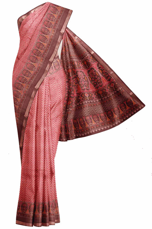Maroon Fancy Zig Zag Printed Cotton Ajrakh Style Pallu Saree