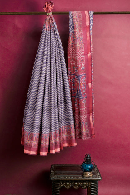 Blue Fancy Zig Zag Printed Cotton Ajrakh Style Pallu Saree