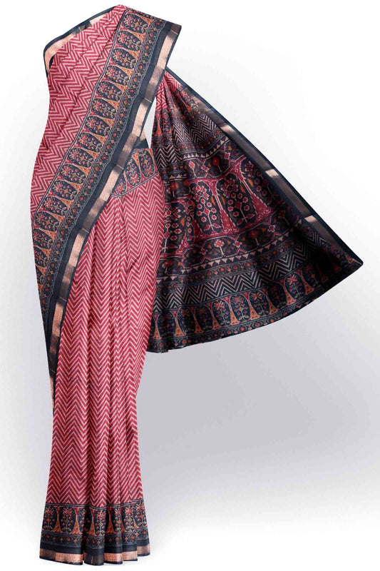 Maroon Fancy Zig Zag Printed Cotton Ajrakh Style Pallu Saree