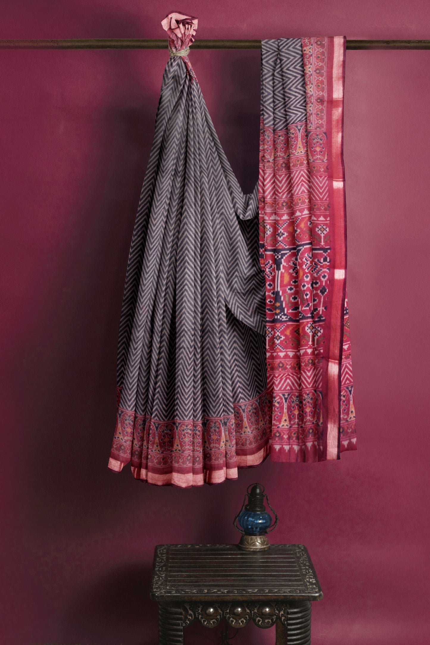 Black Fancy Zig Zag Printed Cotton Ajrakh Style Pallu Saree