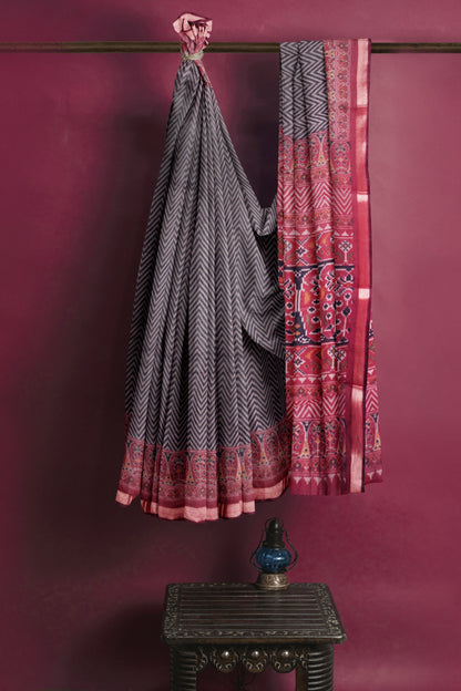 Black Fancy Zig Zag Printed Cotton Ajrakh Style Pallu Saree