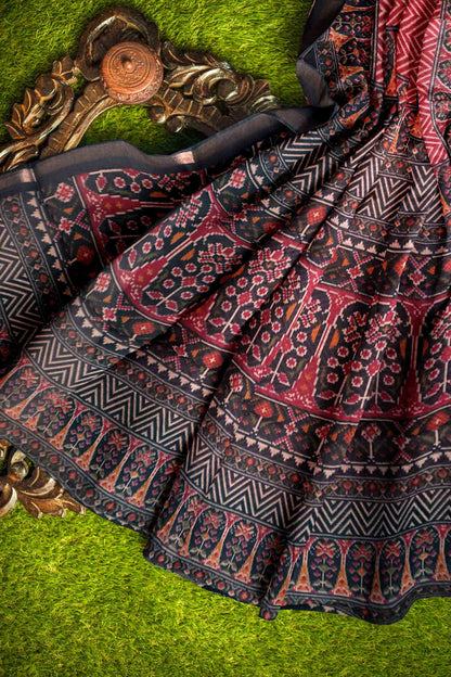 Maroon Fancy Zig Zag Printed Cotton Ajrakh Style Pallu Saree