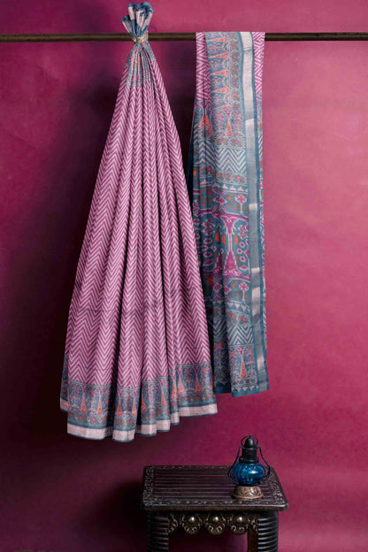 Violet Fancy Zig Zag Printed Cotton Ajrakh Style Pallu Saree