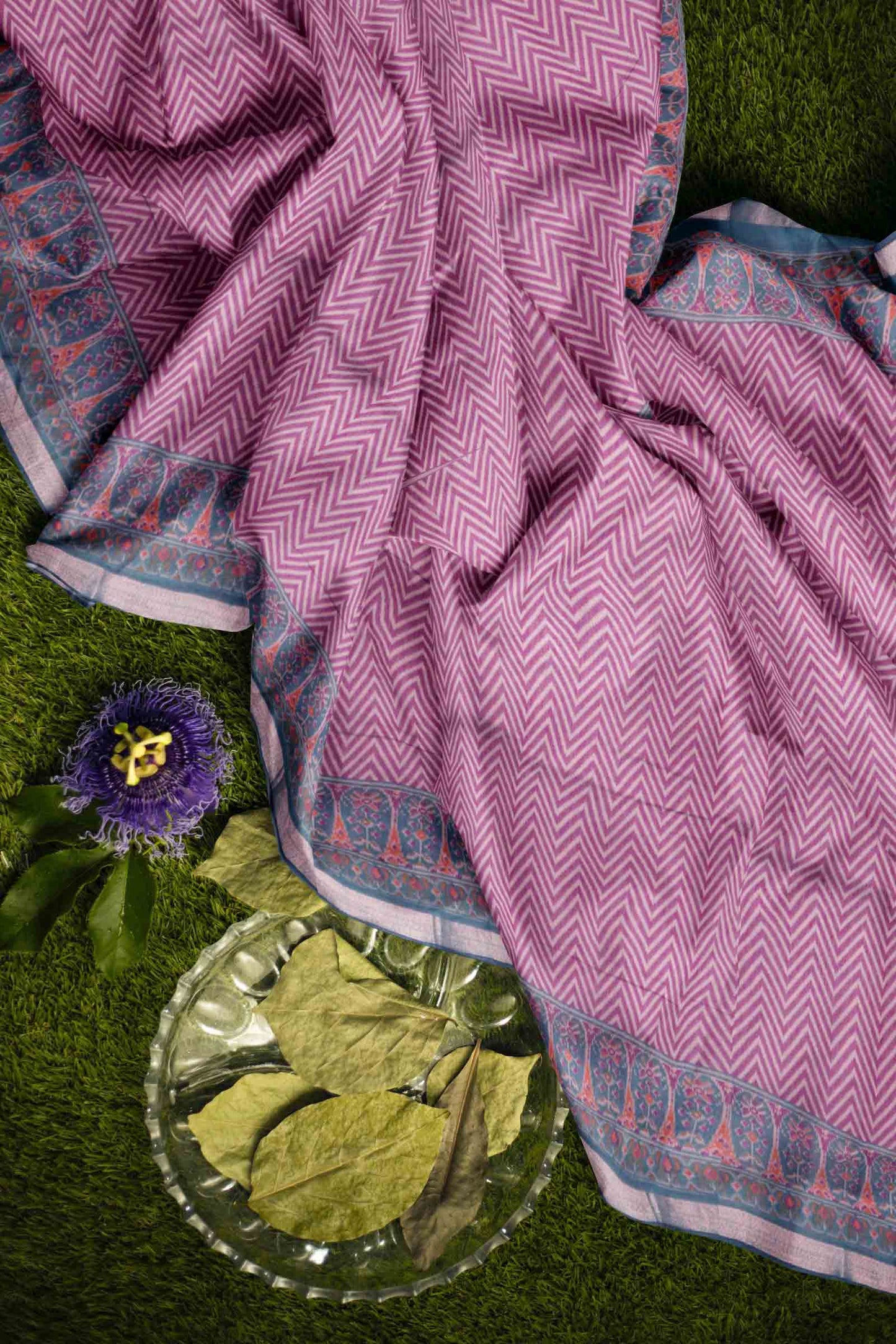 Violet Fancy Zig Zag Printed Cotton Ajrakh Style Pallu Saree