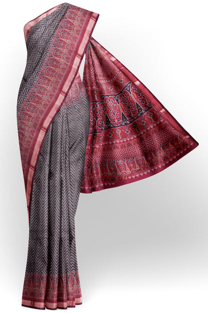 Black Fancy Zig Zag Printed Cotton Ajrakh Style Pallu Saree