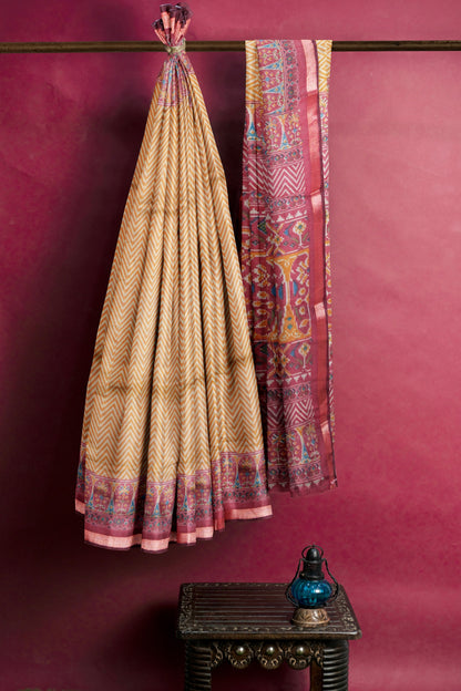 Mustard Fancy Zig Zag Printed Fancy Cotton Ajrakh Style Pallu Saree