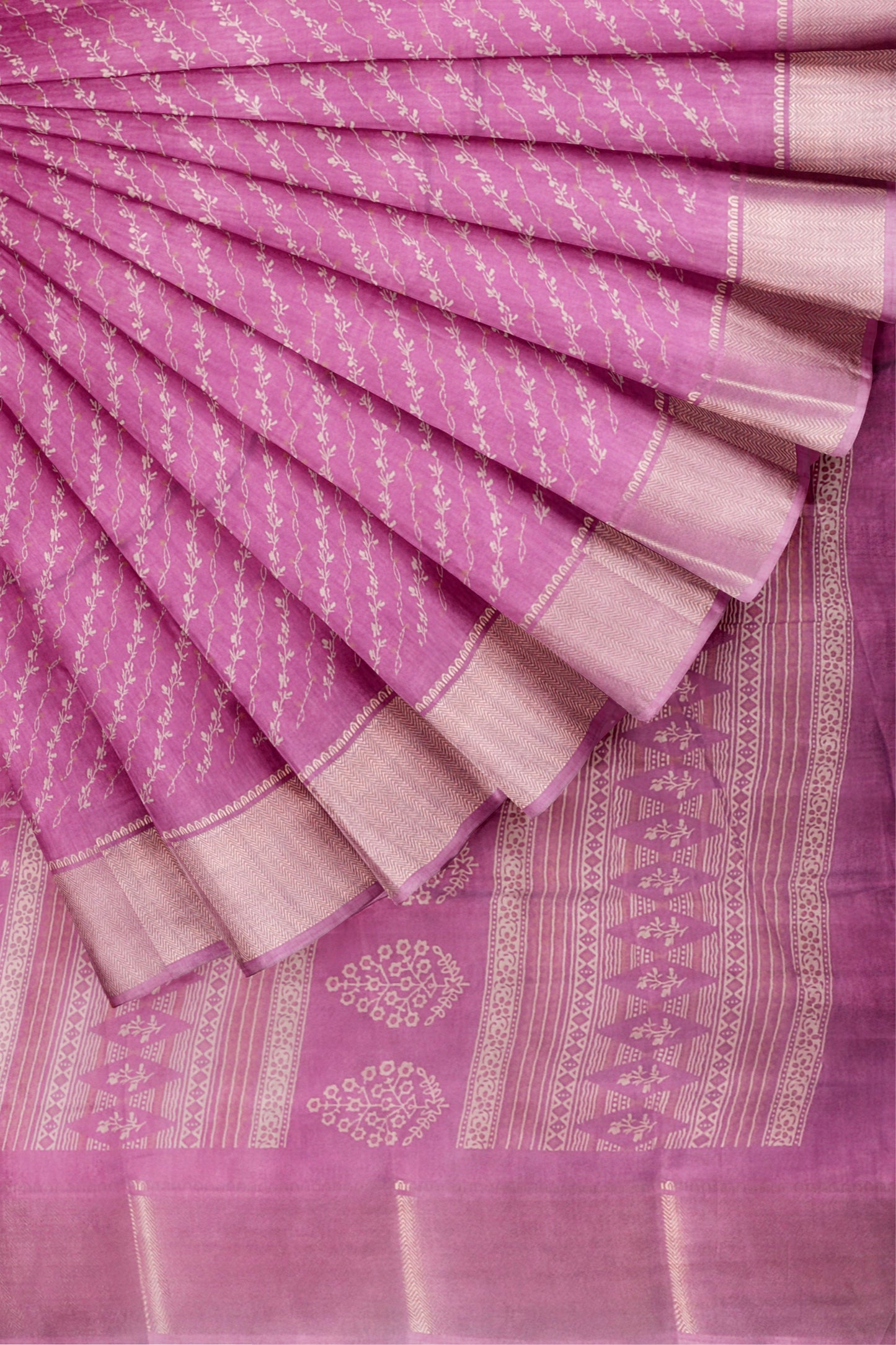 Pink Semi Dola Floral Cross Floral Vines Zari Border Saree