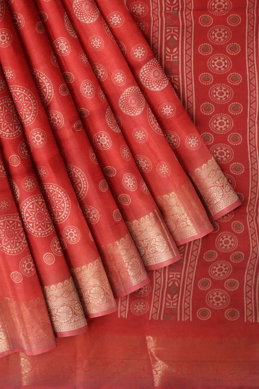 Red Semi Dola  Mandala Print Saree