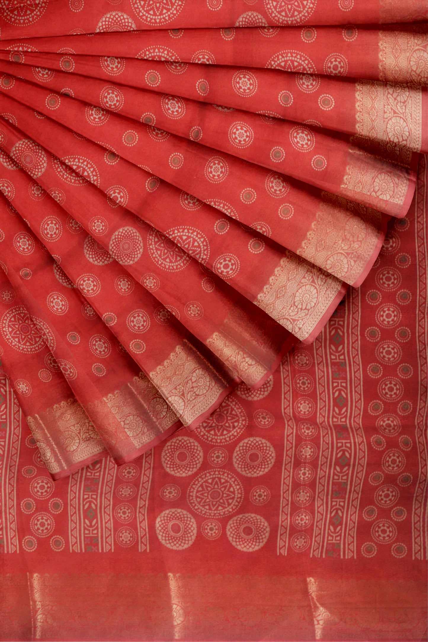 Red Semi Dola  Mandala Print Saree