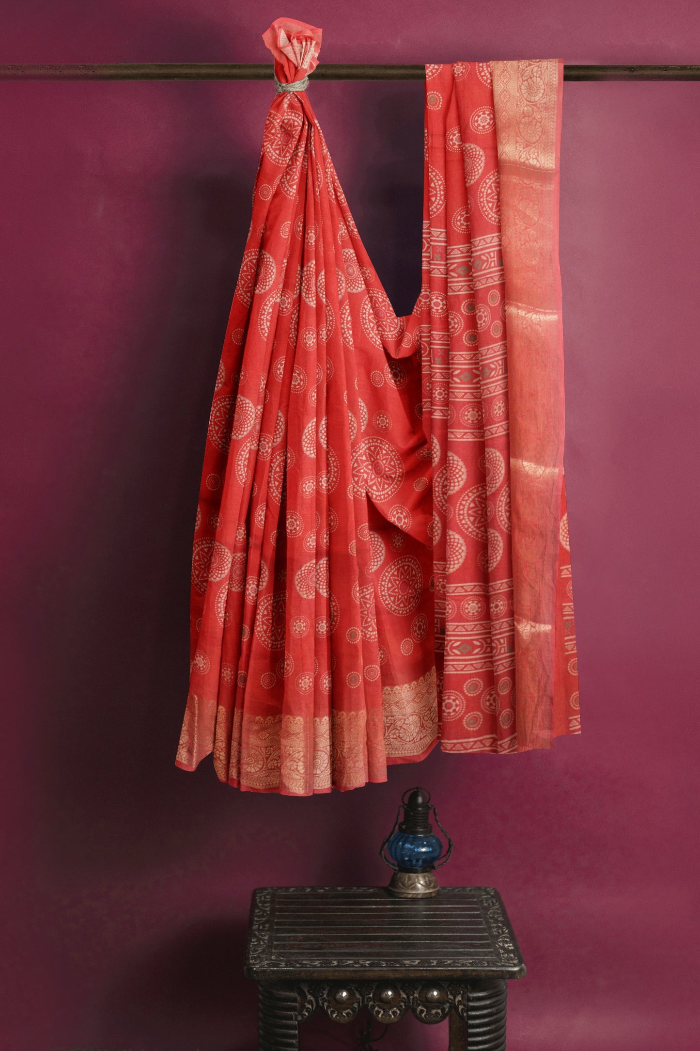 Red Semi Dola  Mandala Print Saree