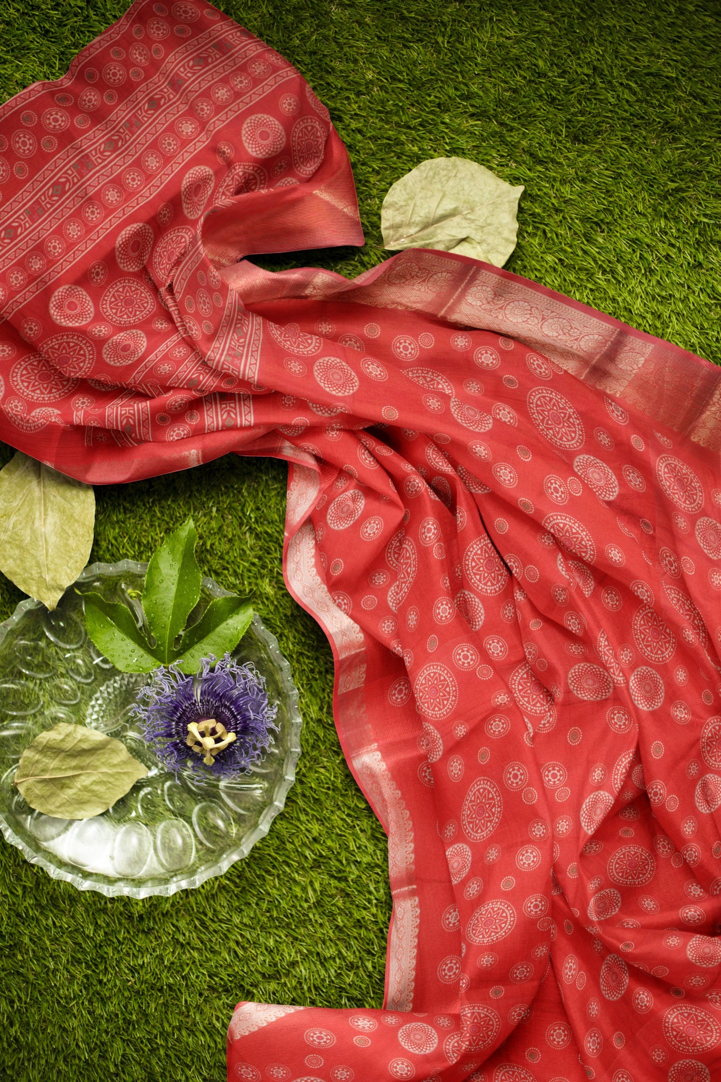 Red Semi Dola  Mandala Print Saree