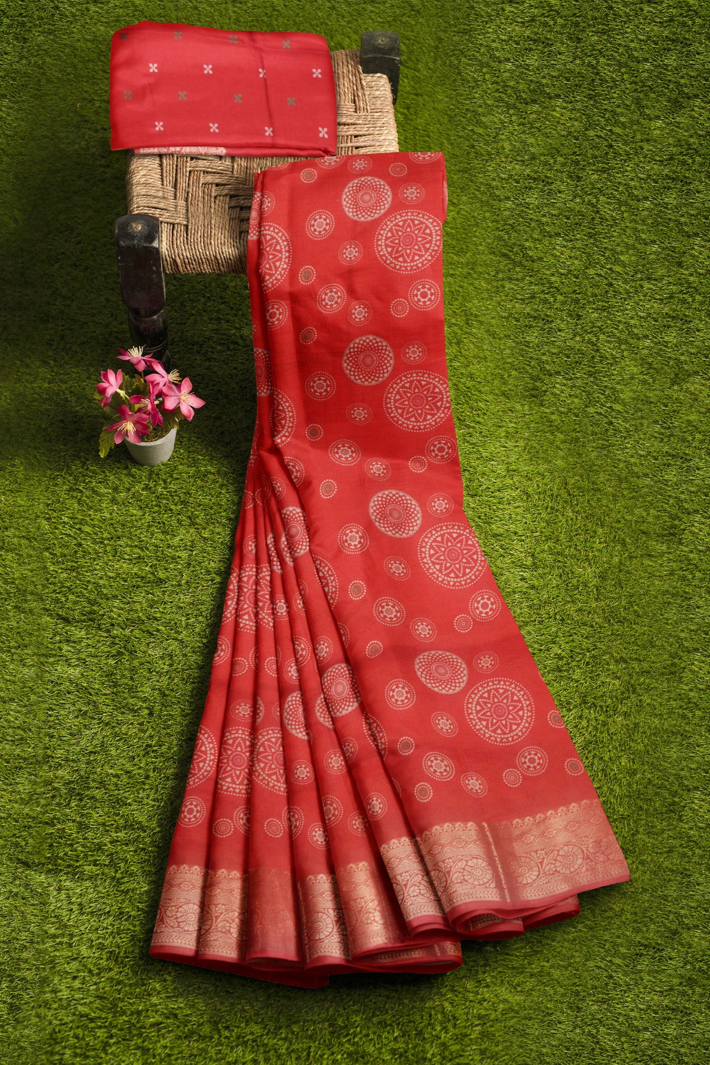 Red Semi Dola  Mandala Print Saree