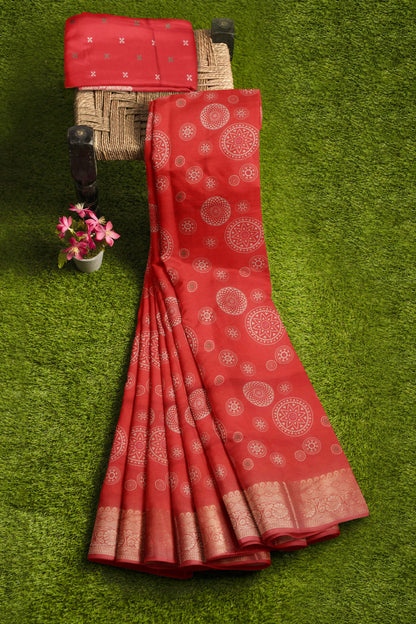 Red Semi Dola  Mandala Print Saree