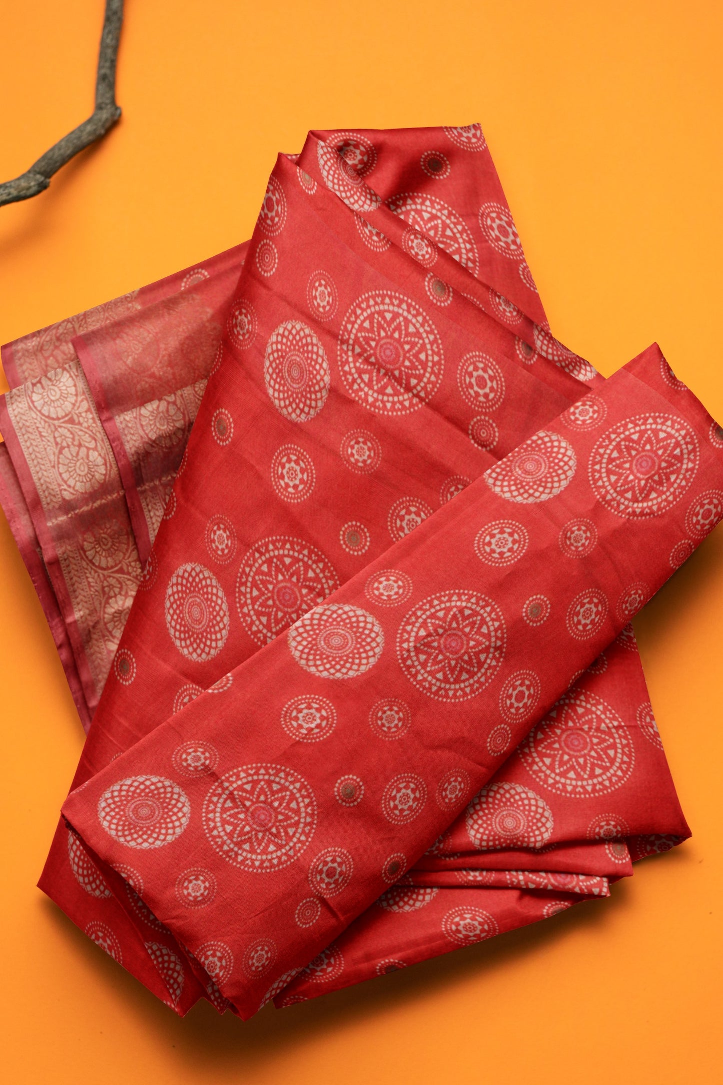 Red Semi Dola  Mandala Print Saree