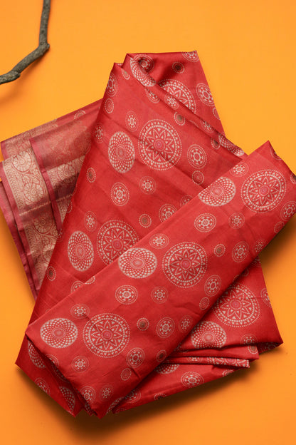 Red Semi Dola  Mandala Print Saree