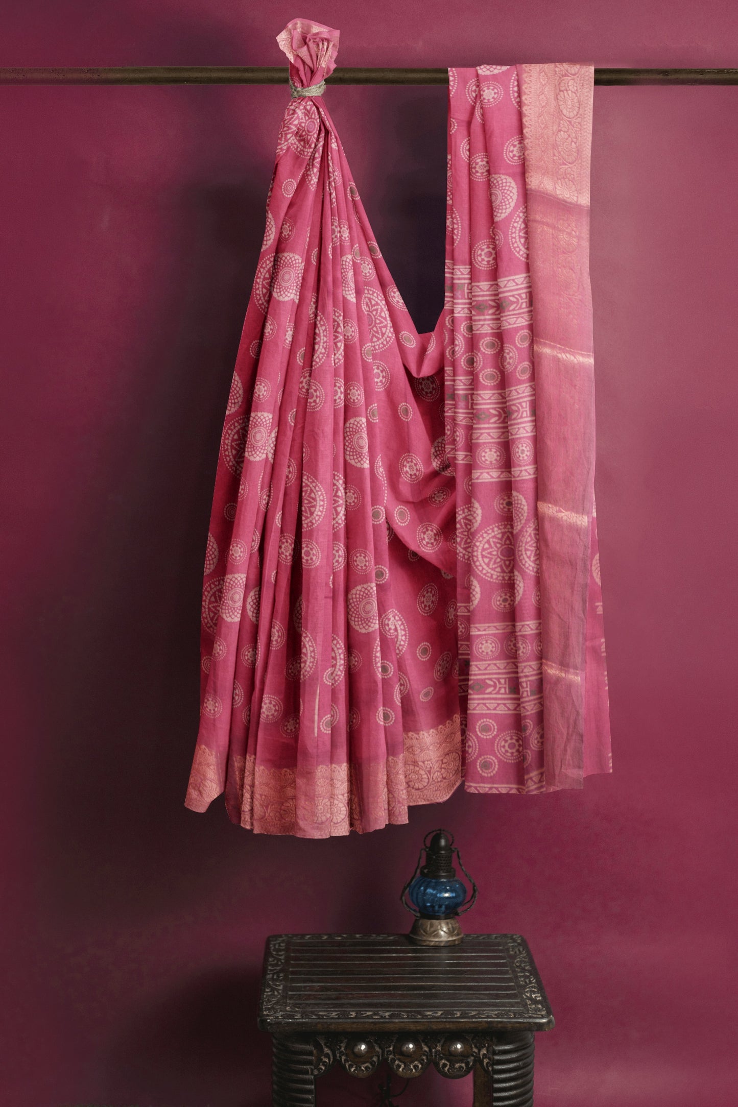 Cranberry Pink Semi Dola  Mandala Print Saree