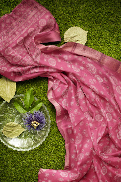 Cranberry Pink Semi Dola  Mandala Print Saree