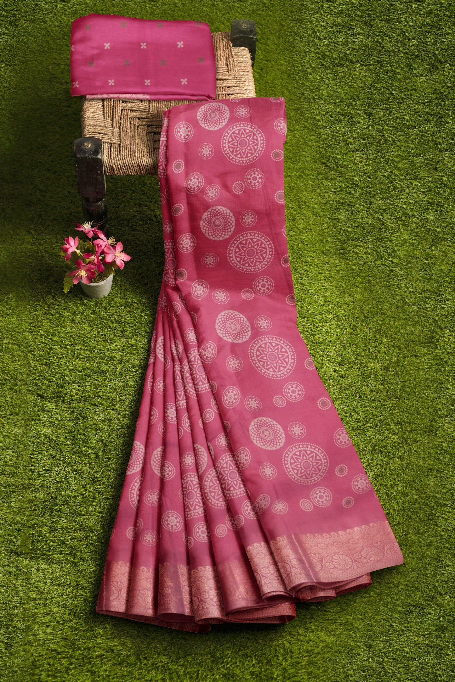Cranberry Pink Semi Dola  Mandala Print Saree