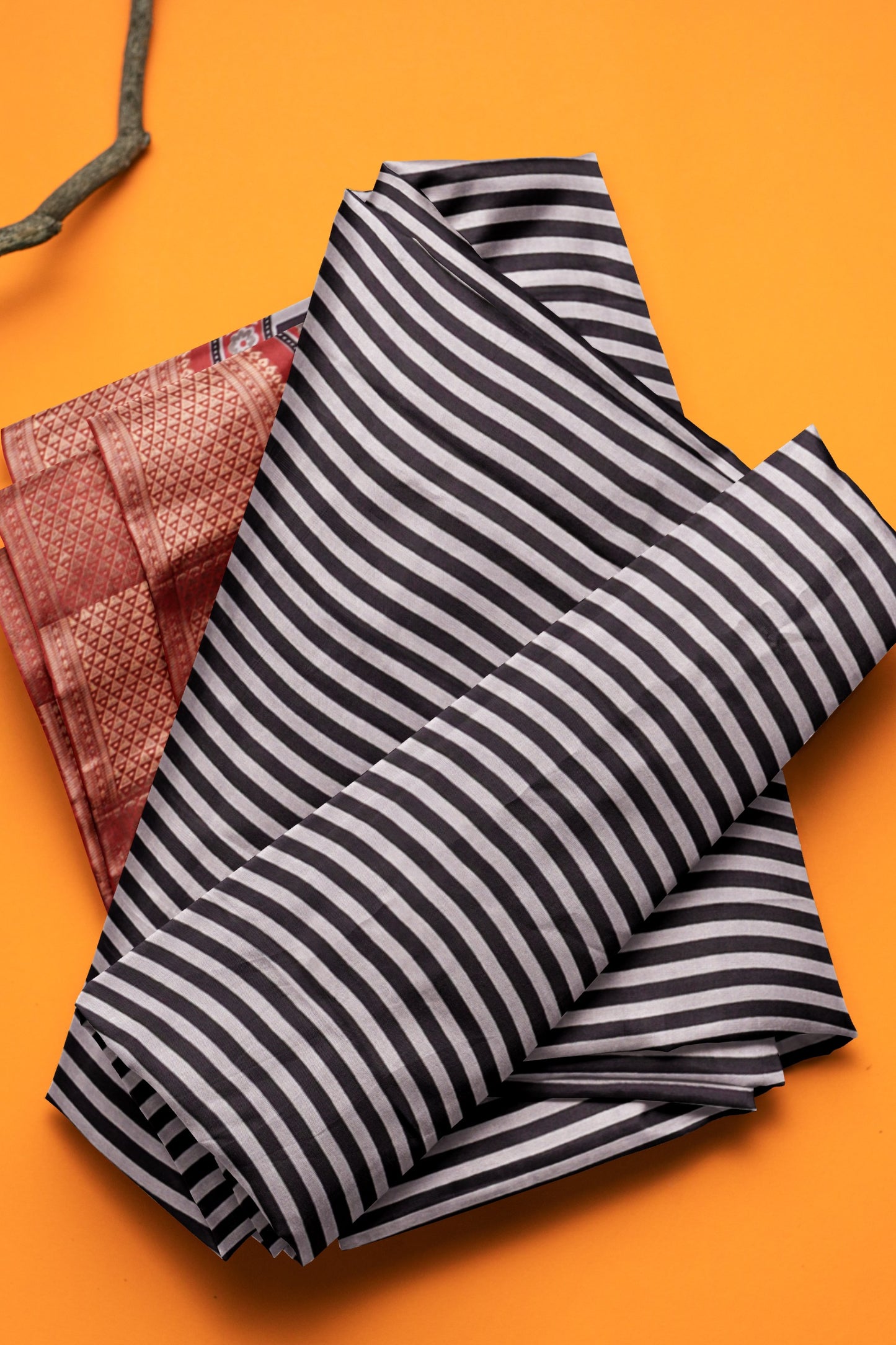 Black With White Semi Dola Zari Border Ajrakh Pallu Saree