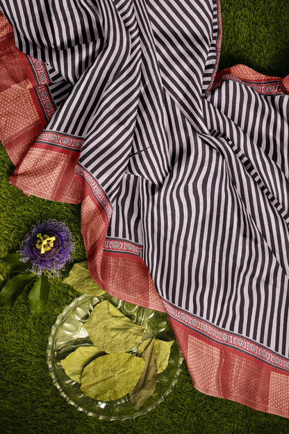 Black With White Semi Dola Zari Border Ajrakh Pallu Saree