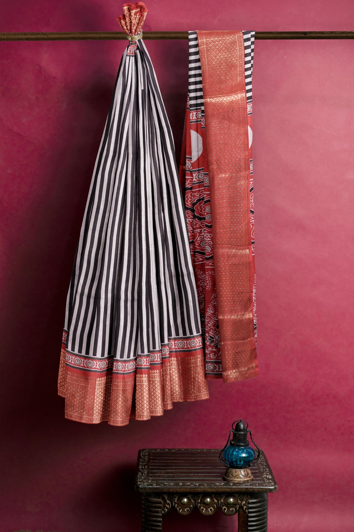 Black With White Semi Dola Zari Border Ajrakh Pallu Saree