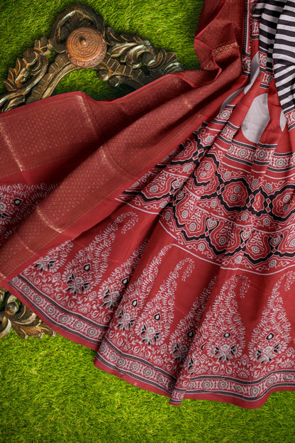 Black With White Semi Dola Zari Border Ajrakh Pallu Saree