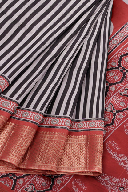Black With White Semi Dola Zari Border Ajrakh Pallu Saree