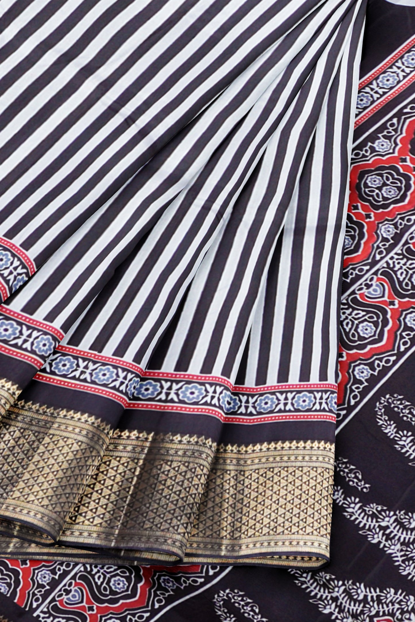 Black With White Semi Dola Zari Border Ajrakh Pallu Saree