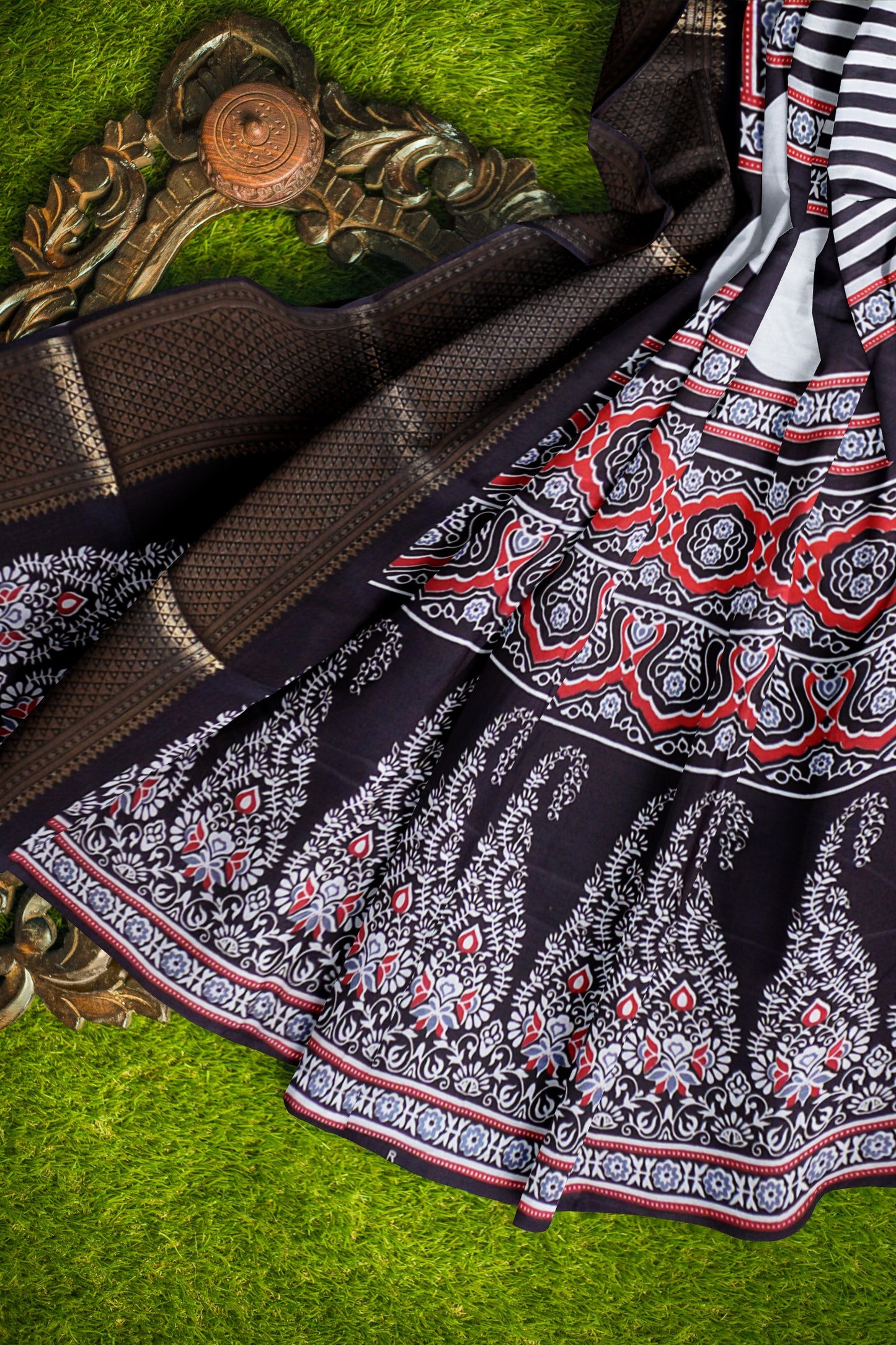 Black With White Semi Dola Zari Border Ajrakh Pallu Saree