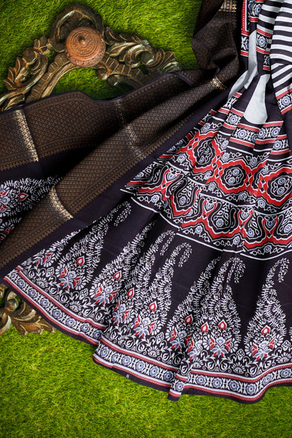 Black With White Semi Dola Zari Border Ajrakh Pallu Saree