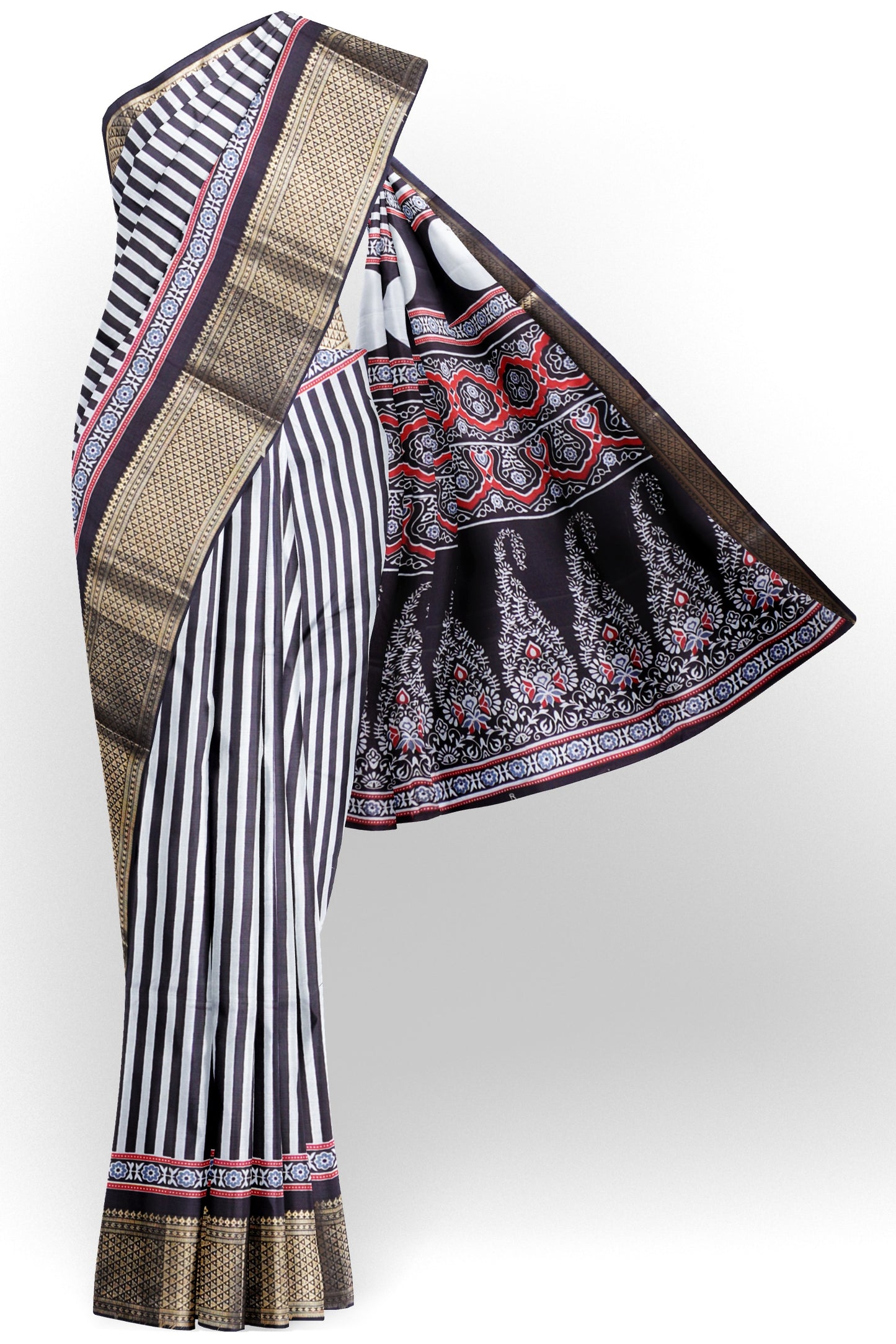 Black With White Semi Dola Zari Border Ajrakh Pallu Saree