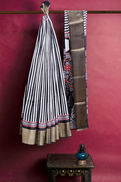 Black With White Semi Dola Zari Border Ajrakh Pallu Saree