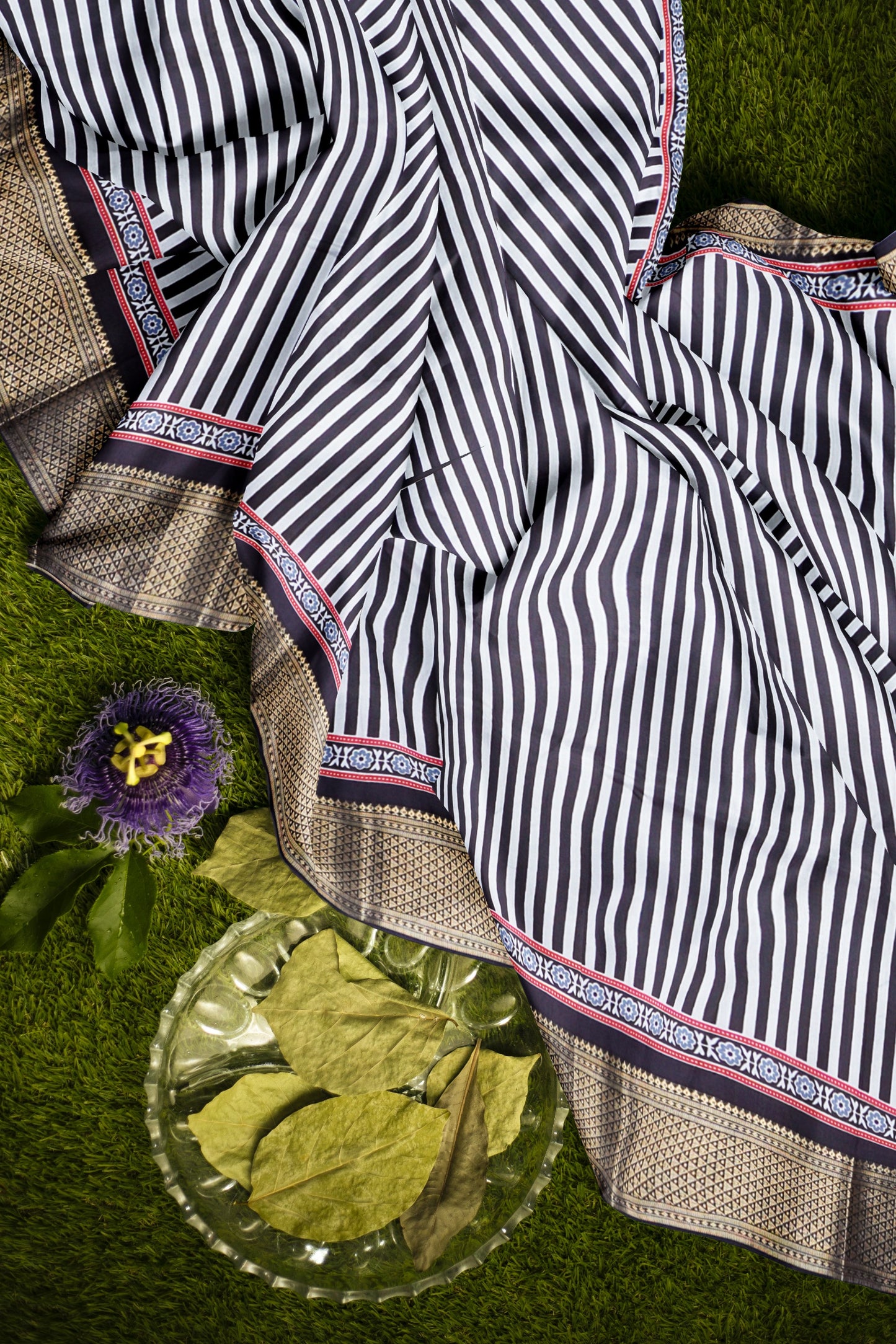 Black With White Semi Dola Zari Border Ajrakh Pallu Saree