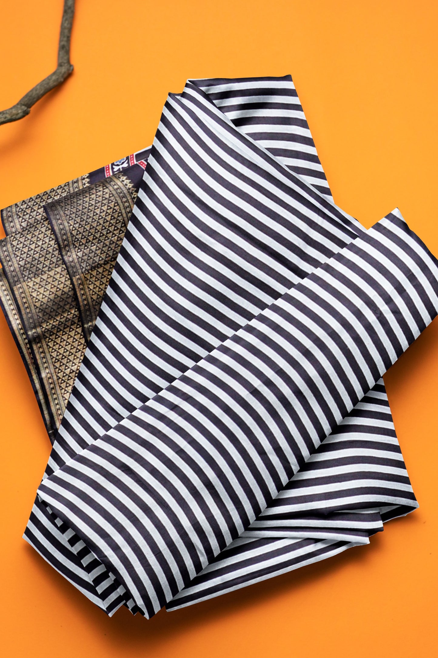 Black With White Semi Dola Zari Border Ajrakh Pallu Saree