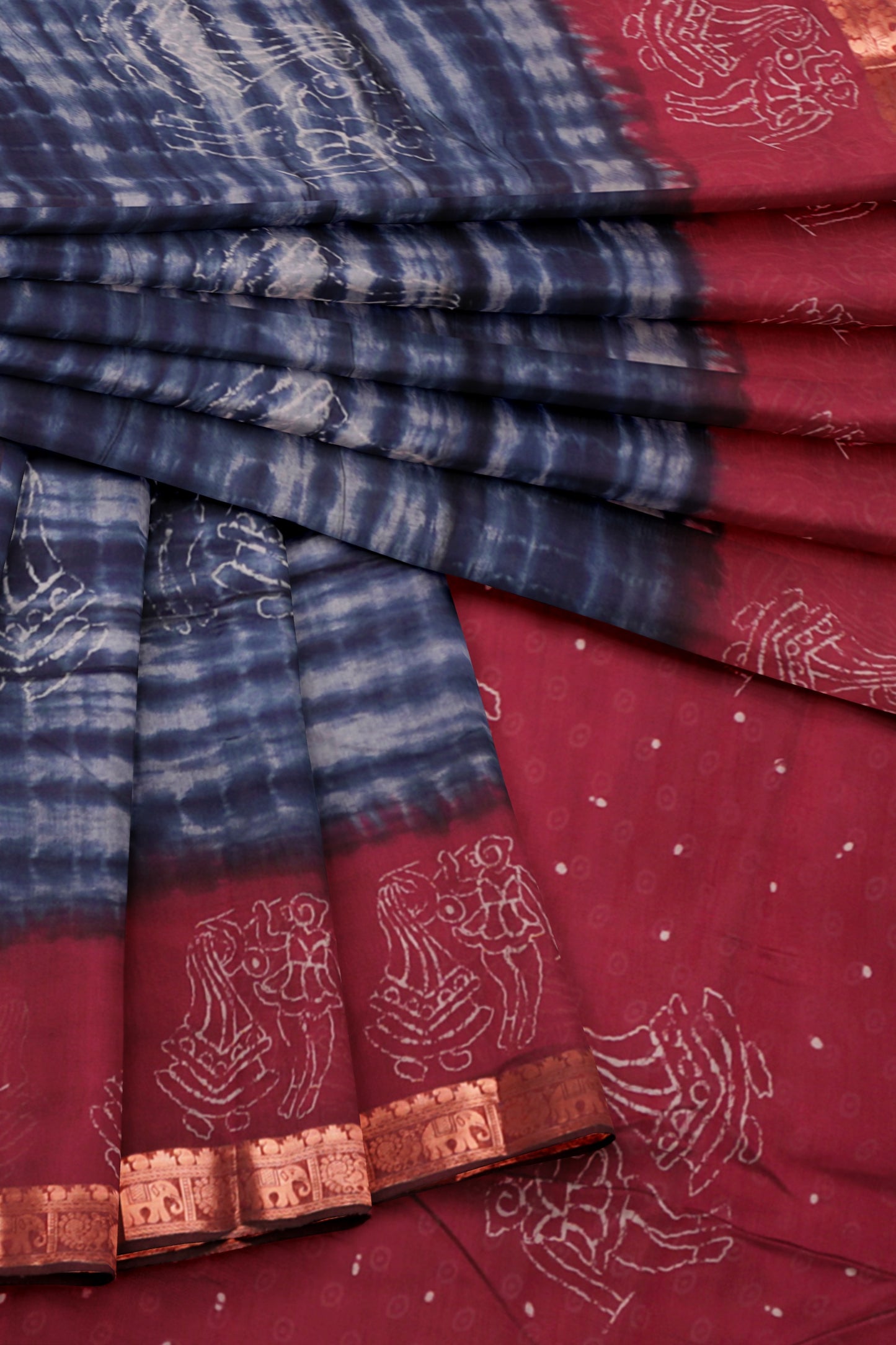 Blue Shibori Style Printed Cotton Zari Border Saree